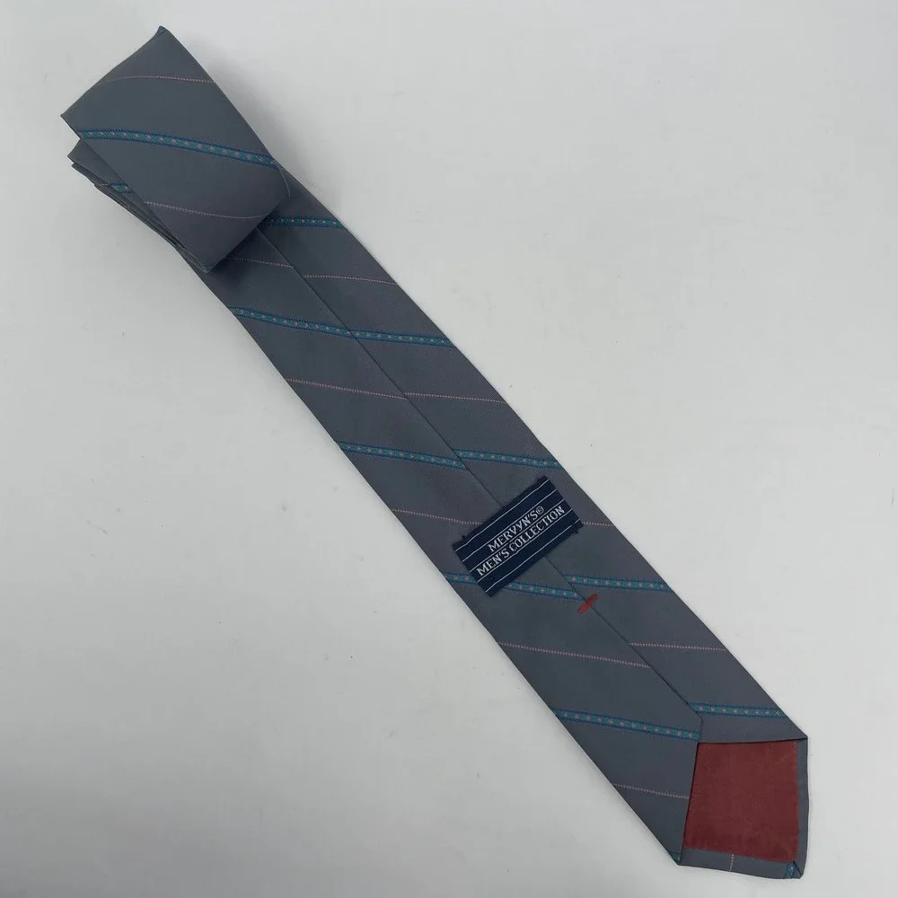 VTG Mervyns Men Collection Necktie Gray Teal Pink Diagonal Striped 90s Retro Tie